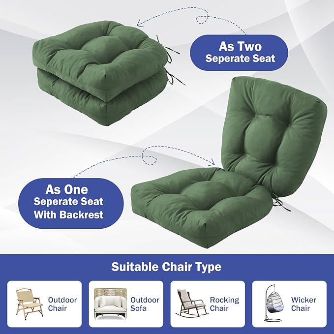 IPYNBAP Outdoor Chair Cushions Set of 2, Patio Chair Cushions with Ties, 19x19+5” Tufted Outdoor Seat Cushions, Waterproof Patio Furniture Cushions, Outdoor Dining Chair Pads, Forest Green (Pack of 2)