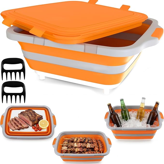 MAYALEAD BBQ Prep Tub with 2 Pcs Meat Shredder Claws, Collapsible Cutting Board, Cutting Board with Locking Lids, Drip Easy BBQ Prep Tub with lid-XL Size (Orange)