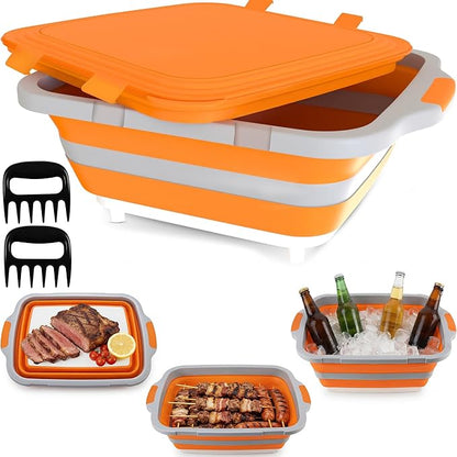 MAYALEAD BBQ Prep Tub with 2 Pcs Meat Shredder Claws, Collapsible Cutting Board, Cutting Board with Locking Lids, Drip Easy BBQ Prep Tub with lid-XL Size (Orange)