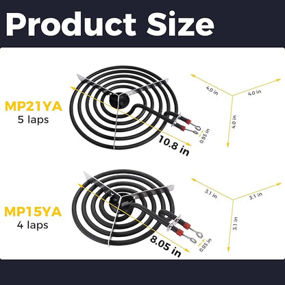 2026 Upgraded MP22YA Electric Range Burner Element 2 pcs MP15YA 6" and 2 pcs MP21YA 8" 4 Pack Unit Set Stove Burners Replacement for Whirlp00l Hard-wick Ken-more Ma-tag Electric Range Stove by Romalon