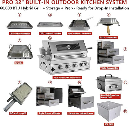12PCS 32" Built - In Outdoor Kitchen System, 60000 Btu Stainless Steel BBQ Grill Island, Propane Gas Grill with Ice Bin, Paper Towel Holder, Cabinets, Rotisserie Kit, Backyard Cooking Station