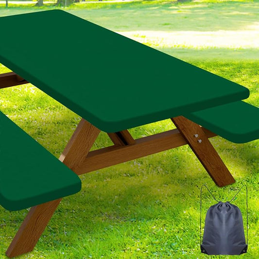 Smiry Picnic Table Cover with Bench Covers, Waterproof Elastic Fitted Polyester Tablecloths for 6 Ft Rectangle Tables, Washable Windproof Tablecloth for Camping, Outdoor (Emerald Green, 30x72 Inches)