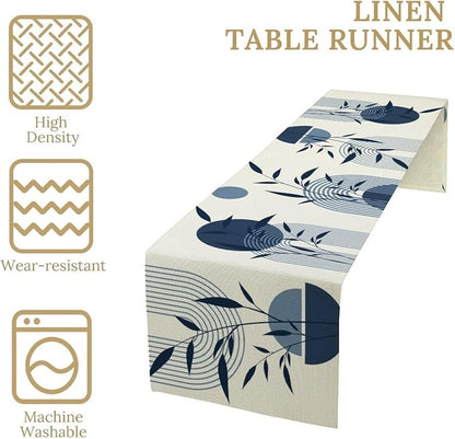 Abstract Boho Table Runner Mid Century Creative Blue Leaves Sun Geometric Arch Minimalisted Seasonal Dinner Runner for Farmhouse Home Kitchen Holiday Party Decor 13x36in