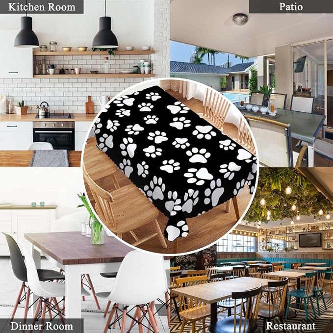 Swono Decorative Rectangle Table Cloth Dog Paw, Cat Footprint Dog Paw Prints Black White Polyester Tablecloth Kitchen Table Cover for Dining BBQ Picnic Coffee Table 50x72, 4-6 Seats