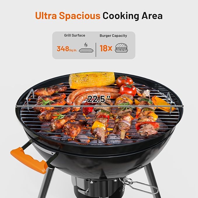 KEYO GRILL 22.5-inch Kettle Charcoal Grills, Portable Charcoal Grill with Adjustable Vents, One Click Cleaning System, Foldable Side Table Outdoor BBQ Grill for Camping, Tailgating and Backyard