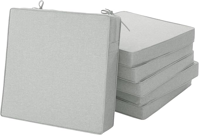 Outdoor Chair Cushions, Set of 6, 18.5 x 16 Inch, Light Grey | Water Resistant, Fade Resistant, Patio Furniture Seat Replacement, Removable Cover with Zipper, Non-Slip Bottom with Ties