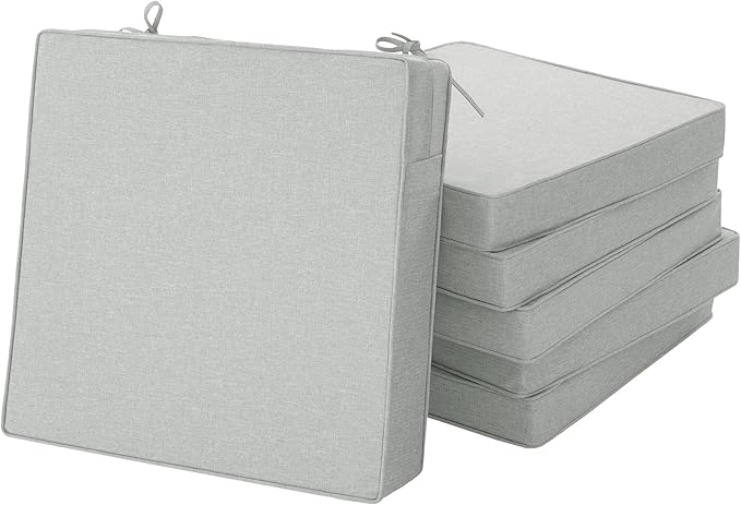 Outdoor Chair Cushions, Chair Pads, Set of 6, 17 x 16, Light Grey | Water-Resistant & Fade-Resistant, Patio Seat Replacement, Removable Cover with Zipper, Non-Slip Bottom with Straps