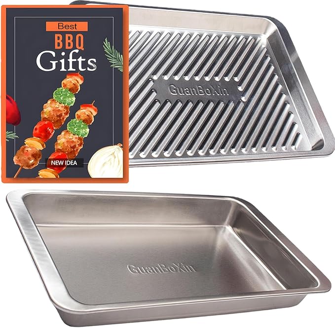 Grilling Prep and Serve Trays, Set of 2 Stackable Stainless Steel BBQ Trays, Deep Marinating Container, Serving Platter for Plating Food, BBQ Prep Tub for Marinating Meats, Grill Accessories