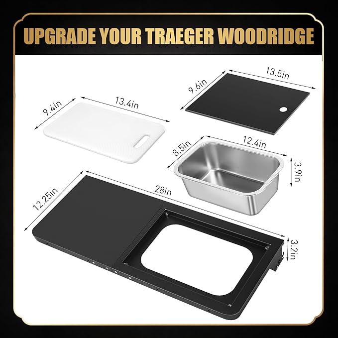 QuliMetal Foldable Front Shelf for Traeger WOODRIDGE PRO, 27.93" Grill Prep Table with Cutting Board, Stainless Steel Basin and Lid, BBQ Front Shelf Accessory