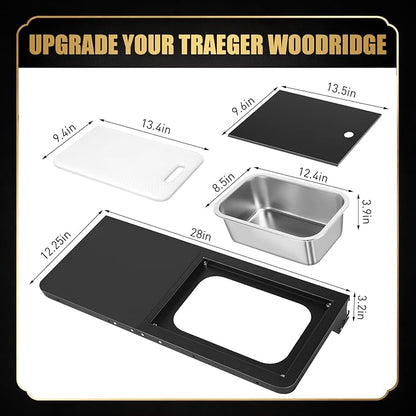 QuliMetal Foldable Front Shelf for Traeger WOODRIDGE PRO, 27.93" Grill Prep Table with Cutting Board, Stainless Steel Basin and Lid, BBQ Front Shelf Accessory