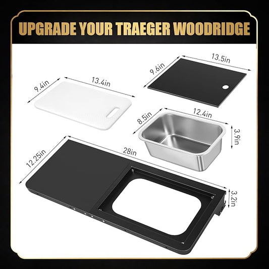QuliMetal Foldable Front Shelf for Traeger WOODRIDGE PRO, 27.93" Grill Prep Table with Cutting Board, Stainless Steel Basin and Lid, BBQ Front Shelf Accessory