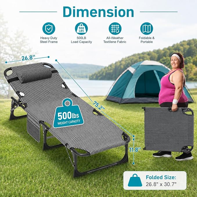 ABORON 2PK Heavy Duty Tanning Chair, 5-Gear Outdoor Folding Chaise Lounge Chair with Cushion,Portable Beach Lounge Chair for Outdoor Sunbathing Patio Pool Lawn Deck Poolside