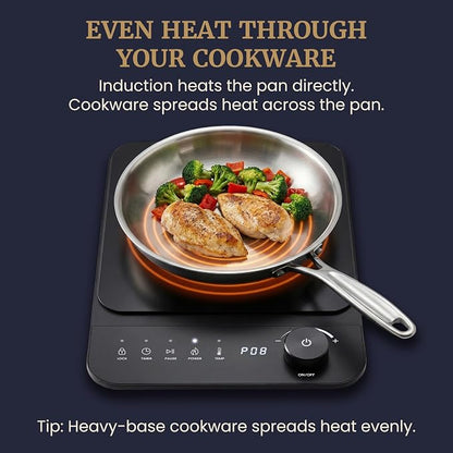 Elite Gourmet Slim Portable Induction Cooktop, 1500W, 10 Power Levels | Digital touch controls, precise 140°F-465°F range, built-in timer & child lock, 2in countertop design