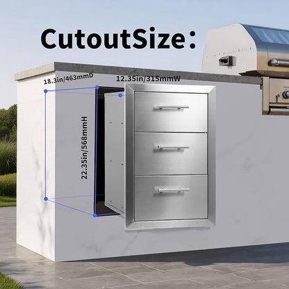 Outdoor Kitchen Drawers with Triple-Access & Handles ，18" W x 23" H x 23" D Stainless Steel Flush Mount Modular Cabinet for BBQ Islands & Patios