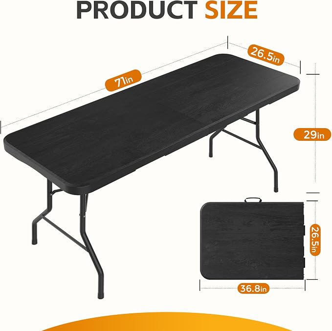 6 Ft Plastic Folding Table,Heavy Duty Portable Table for Indoor & Outdoor,Wood Grain Desktop & 350lbs Weight Capacity,Premium Solutions for Camping,Picnic,BBQ and Party