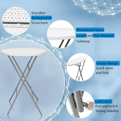 GUAGUA 32in Folding Cocktail Table, Bar Height, Round,High Top, White | Portable plastic table with folding legs for parties, weddings, catering, and indoor or outdoor events.