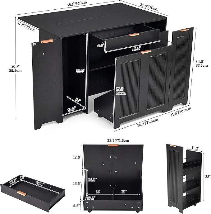 YITAHOME Expandable Kitchen Island with Hidden Trash Cabinet, 55.1" Rolling Kitchen Island with Drop Leaf, Storage Drawer & 3-Tier Side Shelves, Mobile Kitchen Island on Wheels with Towel Bar & Hooks