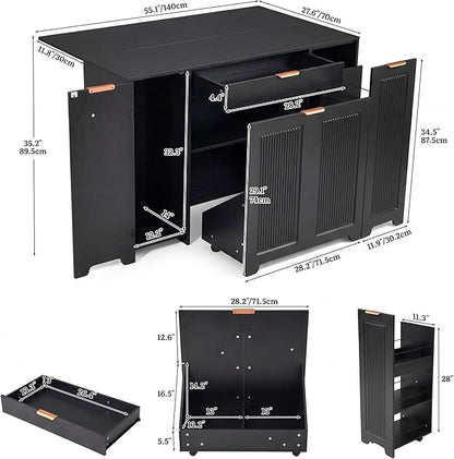 YITAHOME Expandable Kitchen Island with Hidden Trash Cabinet, 55.1" Rolling Kitchen Island with Drop Leaf, Storage Drawer & 3-Tier Side Shelves, Mobile Kitchen Island on Wheels with Towel Bar & Hooks
