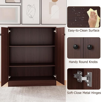 Giantex 2 Door Storage Base Cabinet (Brown) | 3-Tier Base Cabinet with Non-Slip Foot Pads, Kitchen Cupboard Storage Organizer for Living Room, Hallway, Entryway, Office