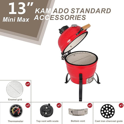 Outvita Ceramic Grill, 13" Round Kamado Charcoal Grill, Portable Barbecue Grill with Thermometer for Variations on Cooking Methods(Red)