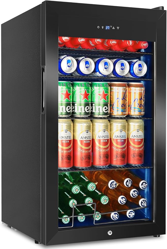 FoMup Beverage Refrigerator 126 Can, Mini Beverage Fridge Small Beverage Cooler with Glass Door Safety Lock, Drink Fridge for Beer Soda Wine, Perfect for Dorm Office Hotel