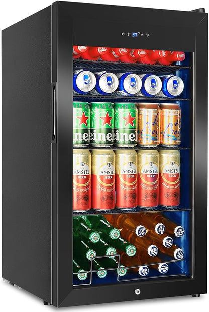 FoMup Beverage Refrigerator 126 Can, Mini Beverage Fridge Small Beverage Cooler with Glass Door Safety Lock, Drink Fridge for Beer Soda Wine, Perfect for Dorm Office Hotel