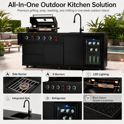 84 Inch Outdoor Kitchen Island Grill, 6 Burner 75300 BTU Propane BBQ Island with Sink, Beverage Refrigerator, Rotisserie Kit, Griddle, SS304 Stainless Steel, Granite Top, Black