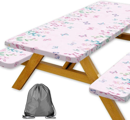 Butterfly Picnic Table Cover with Bench Covers, Camping Essentials, Flower Leaf Plant Waterproof Windproof Table Cover, Fitted Tablecloth Cover with Elastic Edge, for Indoor & Outdoor 3 PCS 30x60 Inch