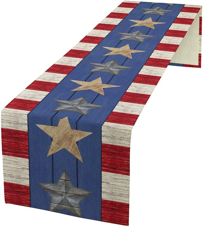 4th of July Memorial Day Table Runner, American Flag Stars Stripe for Home Kitchen Restaurant Holiday Kitchen Dining Table Decorations for Home Party Decor 13 x 60 Inch