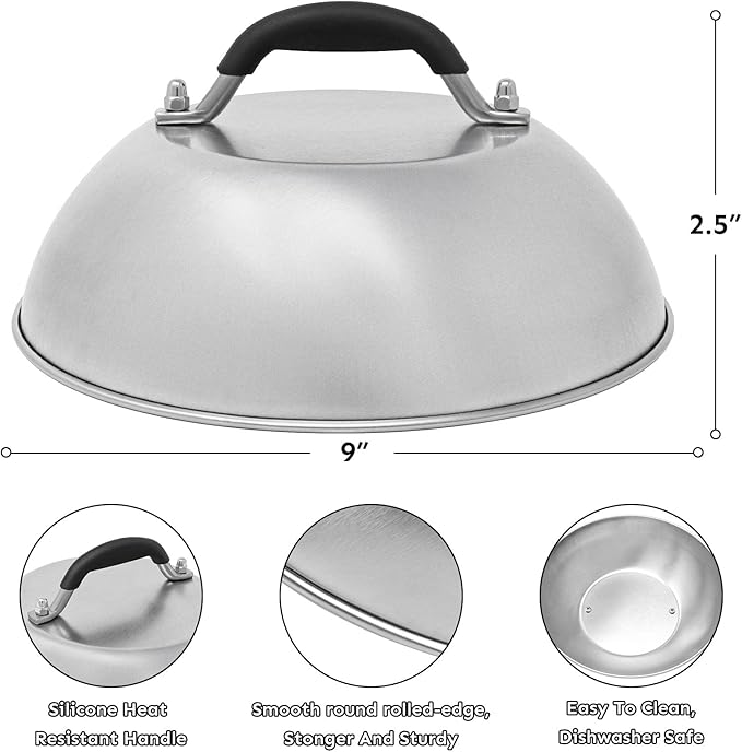 HULISEN 9" Cheese Melting Dome & 6.2" Smashed Burger Press Kit | Grill Press with Basting Cover, Stainless Steel Burger Smasher, Griddle Accessories Kit for Flat Top Grill Cooking
