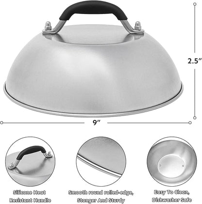 HULISEN 9" Cheese Melting Dome & 6.2" Smashed Burger Press Kit | Grill Press with Basting Cover, Stainless Steel Burger Smasher, Griddle Accessories Kit for Flat Top Grill Cooking