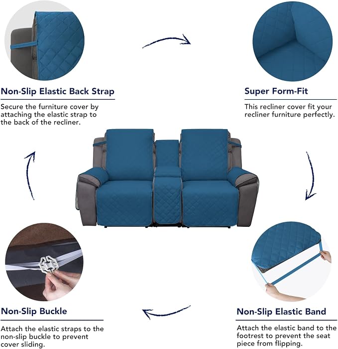 PureFit 2 Seat Recliner Cover for Loveseat, Peacock Blue/Beige, Water Resistant, Reversible, Furniture Protector for Recliner, Sofa, Durable, Machine Washable | Double with Console, Non Slip Split Sofa Cover, Washable Reclining Cover, Peacock Blue/Beige