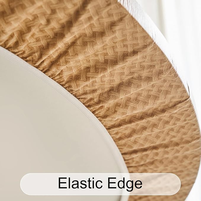 LIBERECOO Round Fitted Tablecloth with Elastic, Waterproof Vinyl with Flannel Backing, Plain Weaves Pattern Wipeable Plastic Table Cloth for Kitchen and Dining Room, Fits 45"-56" Round
