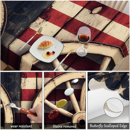 Swono American Flag 52"X70" Oblong Table Cloth Retro Wooden Wagon Wheels USA Flag Wrinkle Free Table Cover Farmhouse Tablecloth for Home Restaurant Picnic Indoor Outdoor Dining
