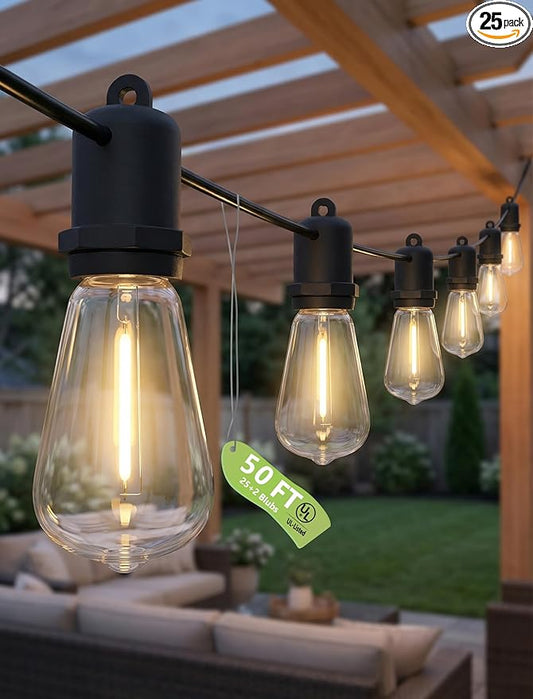 50FT LED Outdoor String Lights - 27 Shatterproof ST38 Edison Bulbs - Waterproof Patio Decor for Outside - Dimmable Bistro Cafe Hanging Lights