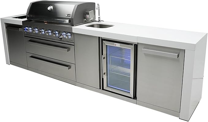 Mont Alpi 132"W x 23"D x 46"H Deluxe Stainless Steel Outdoor Kitchen Island with Refrigerator Faucet & Sink Combo + 44"W 6-Burner BBQ Grill + Granite Countertops + Storage Cabinets + Drawers + Cover