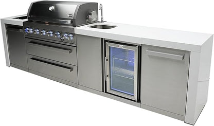 Mont Alpi Premium 132"W x 23"D x 46"H Deluxe Stainless Steel Outdoor Kitchen Island with Fridge Faucet & Sink Combo + 44"W 6-Burner BBQ Grill + Granite Countertops + Storage + Rotisserie Kit + Cover