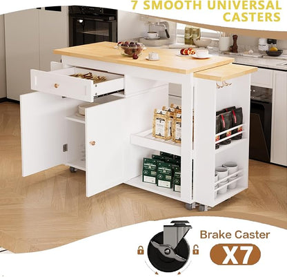 81.5" Kitchen Island with Extendable Dining Table, Rolling Kitchen Cart on Wheels with Spice Rack, Drawer and Door Cabinet for Dining Room, White