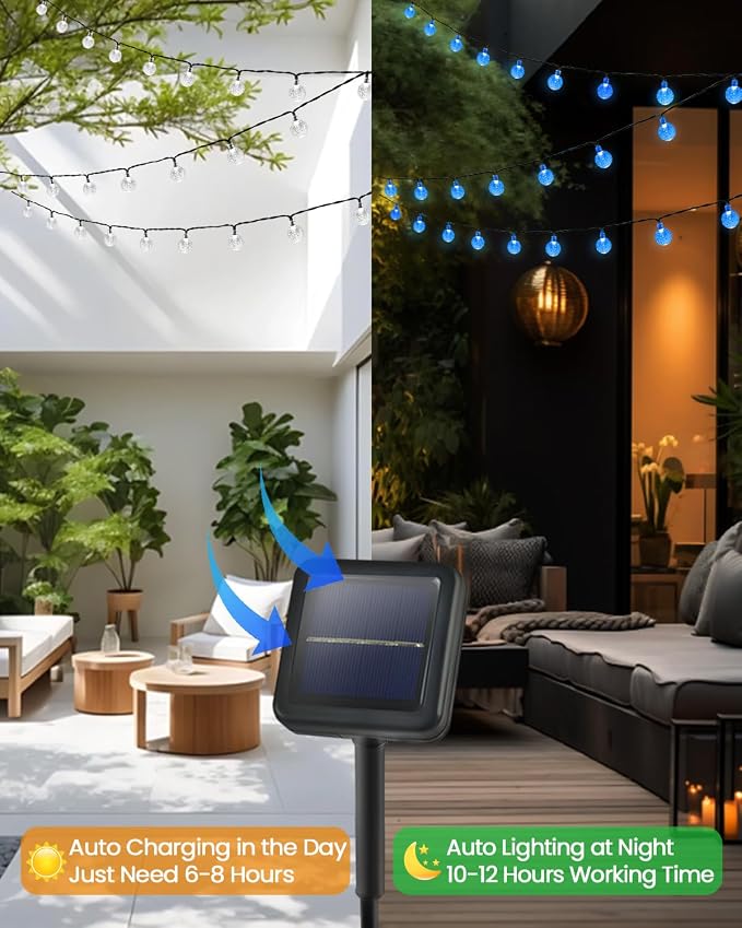 Solar String Lights Outdoor Waterproof 2 Pack 100 LED 64FT Patio Lights | Blue Crystal Globe, 8 Lighting Modes, Auto On/Off, Solar Powered String Light for Outside Yard Wedding Party Tree Decorations