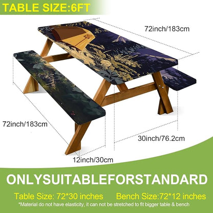ANNA QUEEN Camping Adventure 6FT Picnic Table Cover with Bench Covers Set of 3 with Drawstring Bag, Forest Tent Scene 72"x30" Waterproof Picnic Tablecloth & Bench Covers for Outdoor Dining