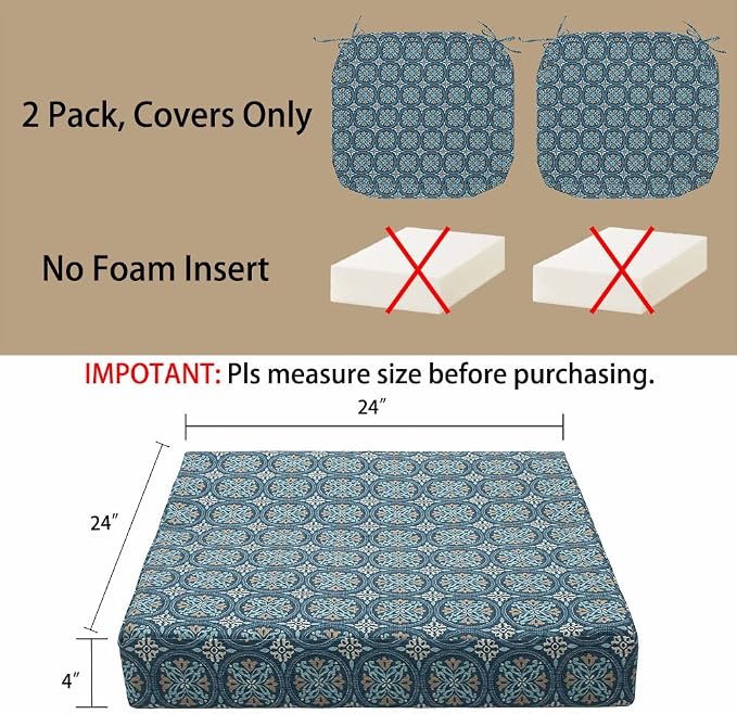 Magpie Fabrics Indoor Outdoor Cushion Cover Replacement 2 Pack, NO Insert! Water Repellent Slipcover with Ties Decor for Patio Garden Chair Seat Sofa Bench Wicker(Morgan Medal Blue, 24x24x4 Inch)