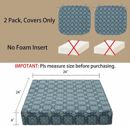 Magpie Fabrics Indoor Outdoor Cushion Cover Replacement 2 Pack, NO Insert! Water Repellent Slipcover with Ties Decor for Patio Garden Chair Seat Sofa Bench Wicker(Morgan Medal Blue, 24x24x4 Inch)