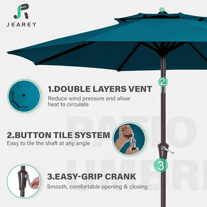 JEAREY 9' 2-Tiers Patio Umbrellas Outdoor Table Market Umbrella w/Push Button Tilt/Crank, 8 Sturdy Ribs, UV Protection Waterproof Sunproof(Cerulean)