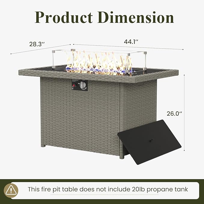 Propane Fire Pit Table, 44" Outdoor Gas Fire Pit with Glass Wind Guard & Waterproof Cover