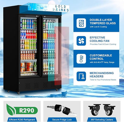 Commercial Display Refrigerator Glass Door 40 cu.ft Commercial Beverage Refrigerators with LED and Shelves for Cafe, Restaurant, Store