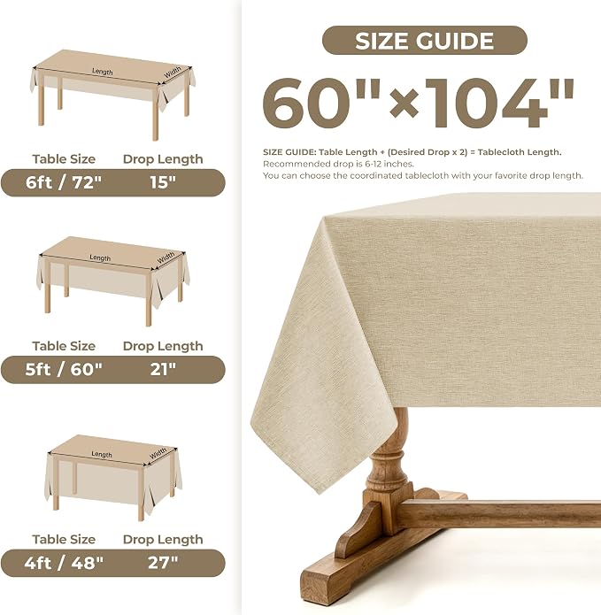 Decorelia Faux Linen Farmhouse Table Cloth 60"x104" for 6 ft Rectangle Table, Beige Waterproof Outdoor Washable Cloth Tablecloth for Rectangular Dining Room Kitchen Outdoor Party Restaurant Decor