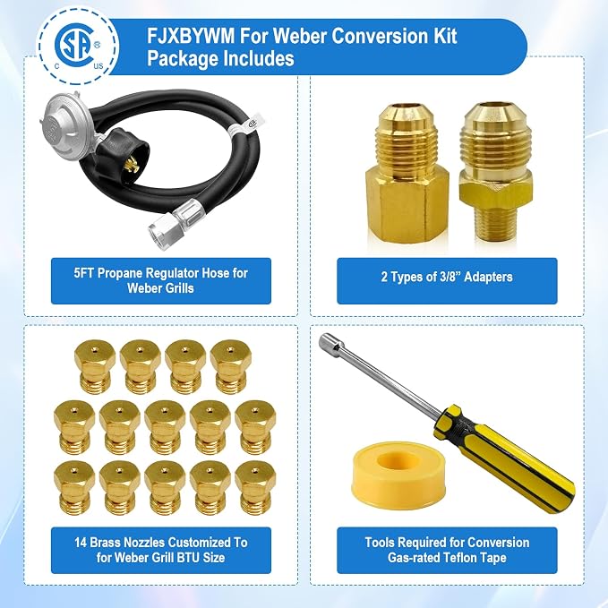 Natural Gas to Propane Conversion Kit for Weber Genesis,Genesis II,for Weber Spirit II 310/315/210–Includes 5FT Propane Regulator Hose for Weber Grills,14 Orifices (3 Sizes),3/8”Fittings and Tools.