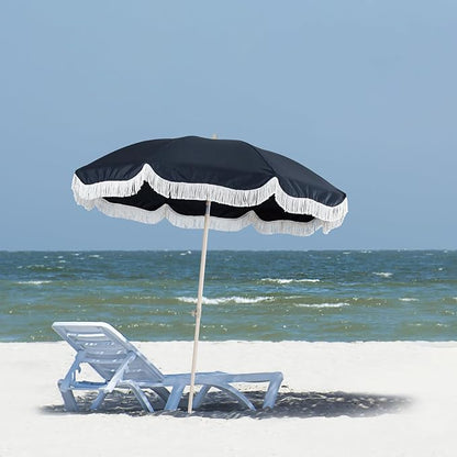 Tempera 7ft Boho Beach & Patio Umbrella with Fringe, Market Umbrellas with UPF 50+ UV & Water-Resistant Canopy, 1.5" Wood Pole & Button Tilt.