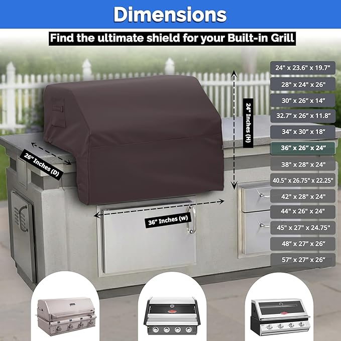 Covers & All Built-in Grill Cover for Outdoor Grill – Heavy Duty 12 oz Waterproof Built-in BBQ Grill Cover, PVC-Coated Polyester with Elastic Hem for Snug Fit (36 x 26 x 24 inches, Coffee)