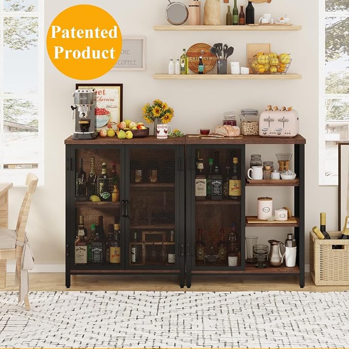 Coffee Bar Cabinet for Home Liquor, Small Storage Cabinet for Kitchen and Entryway, Farmhouse Industrial Buffet Sideboard Credenza with Adjustable Shelves (Rustic Oak)